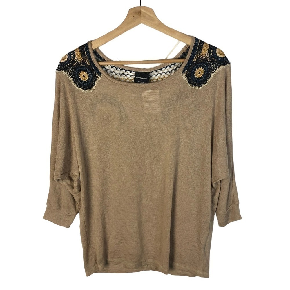 Wallpapher Taupe Light Brown Floral Shoulder Short Sleeve Blouse S